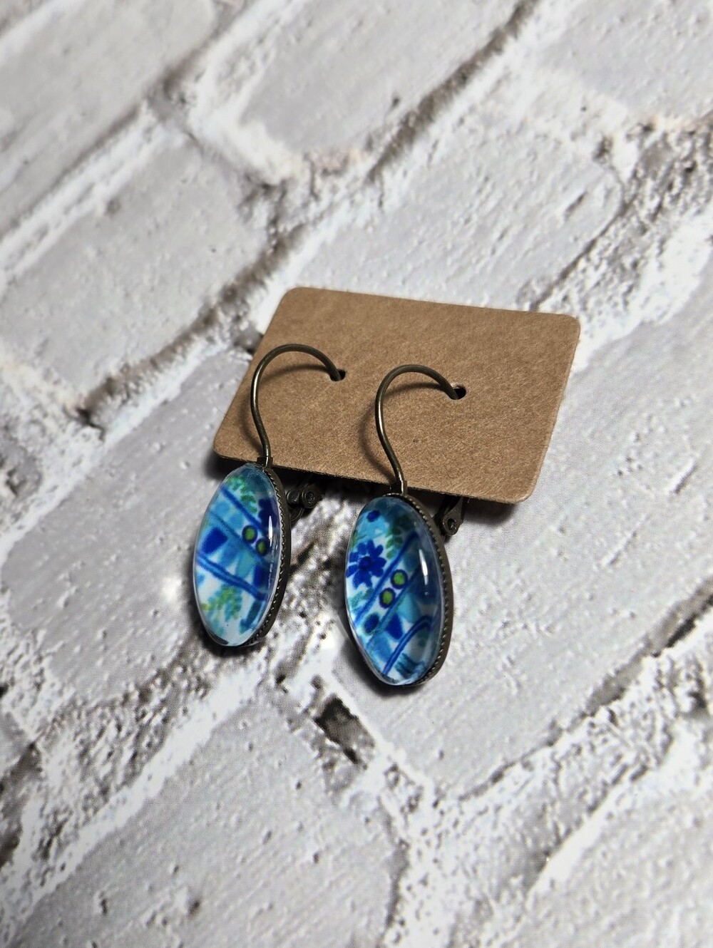 Vintage Blue and Brass Tone Drop Earrings - Picture 5 of 12